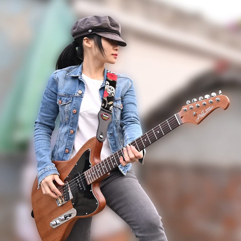 Rayzm Guitar Strap/Bass Strap, Cotton Belt for Acoustic/Electric/Bass Guitar with Plectrum Picks Pocket, Beautiful Rose with Cool Skull Pattern, 5cm Wide - Image 4